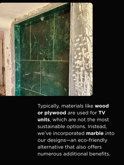 Why did we choose marble for this TV unit? Unlike wood, it's a more sustainable and long-lasting option. This image explains our choice to use eco-friendly materials that also offer superior durability and aesthetic benefits.