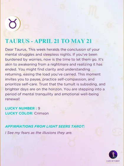 A weekly tarot reading for Taurus. This week heralds the conclusion of mental struggles and sleepless nights, inviting you to pause and practice self-compassion.