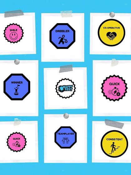 Every child earns their badges of honor with us. These stickers represent the values we encourage: being a smiler, a dribbler, a cooperative teammate, a winner, and a consistent player.