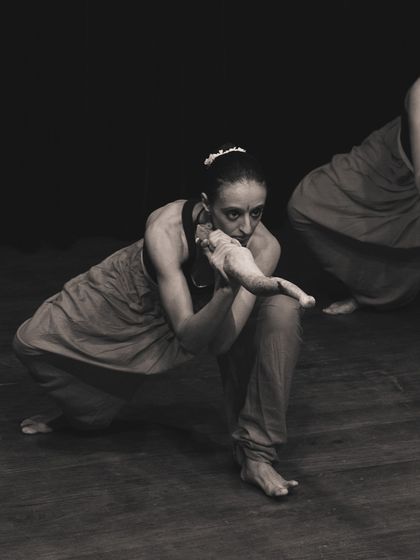Two performers in a moment of intense focus during "SAMVIT," a creative collaboration between our studio and Nautanki Creations.