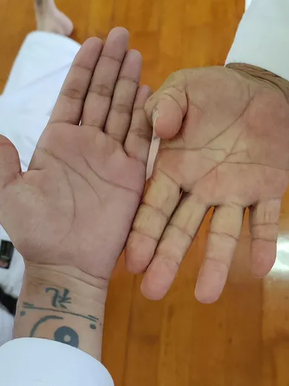 A close-up of hands that tell a story of decades of training. The calluses are a badge of honor in traditional Okinawan karate.