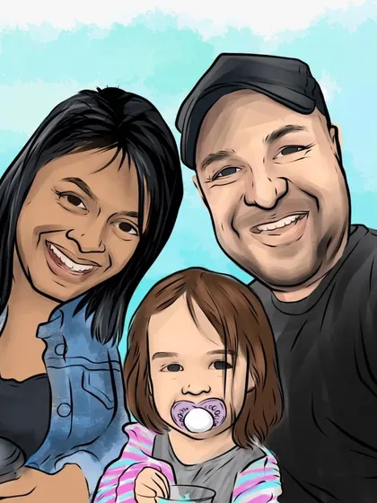 A beautiful semi-realistic family portrait, created digitally from a photo. This style is perfect for those who want a unique piece of art that is closer to a traditional portrait.