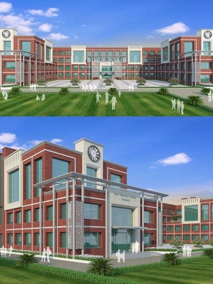 A 3D architectural visualization for Bal Bharti Public School. The design features a grand, symmetrical red brick facade with a central clock tower, creating a timeless and inspiring institutional presence.