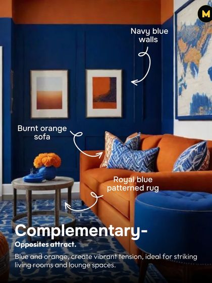 This image demonstrates a complementary color scheme where opposites attract. The vibrant tension between the navy blue walls and the burnt orange sofa creates a striking and energetic living room.