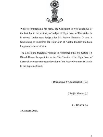 The second page of the Supreme Court of India's resolution recommending the appointment of Mr. Justice P S Dinesh Kumar as the Chief Justice of the High Court of Karnataka.