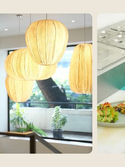 A collage of our signature lamps and a chef plating a dish, representing our focus on both design and culinary craft.
