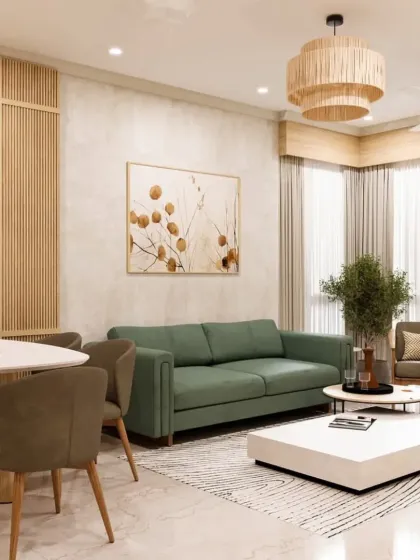 This angle highlights the open-plan layout, connecting the living and dining areas. The woven pendant light and abstract rug add texture and personality to the Japandi-style interior.