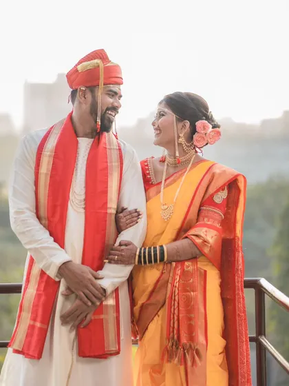 A happy, relaxed portrait of the couple on their wedding day. Their smiles show the joy of the celebration. We use natural light to create soft and flattering wedding photographs.