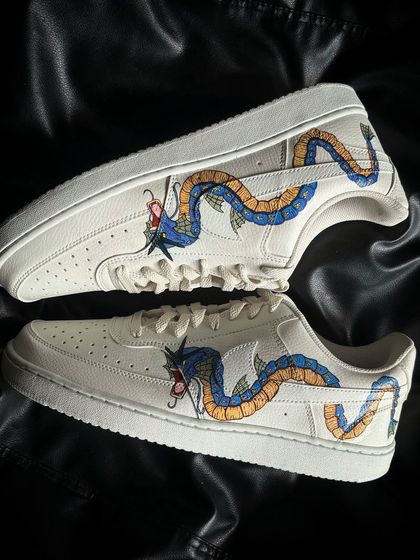 Another angle of the Gyarados custom sneakers, showing the fierce expression of the Pokémon.