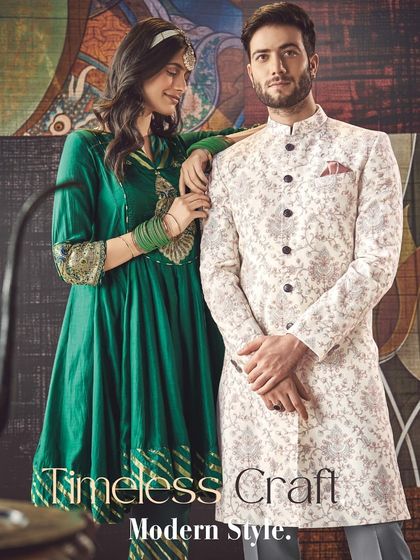 Timeless craft, modern style. This image from our Kashmiri-inspired collection features a groom in a beautiful off-white floral sherwani.
