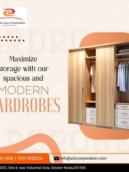 This graphic illustrates a spacious and modern sliding door wardrobe. The light wood finish provides a natural look, while the interior layout shows a mix of hanging rails, shelves, and drawers to maximize storage capacity.