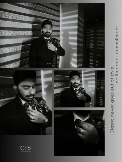 "Classic never goes out of style." A stylish black and white collage of the groom adjusting his tie, capturing the essence of his commitment and dapper look.