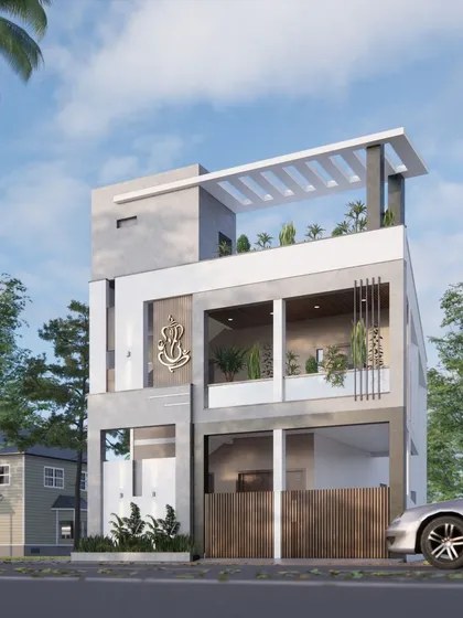 This 3D elevation for a narrow plot features a prominent emblem, a rooftop pergola, and a mix of textures to create a unique identity.
