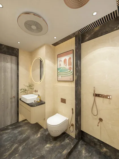 A view of the bathroom render from the entrance, showing the layout of the vanity, toilet, and shower.