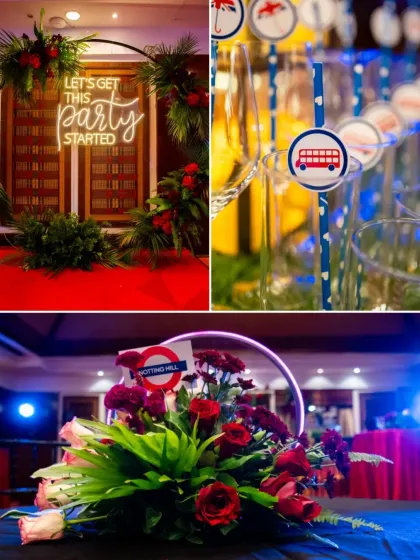 A collage of the London-themed decor from the Sangeet, featuring a neon sign, floral arrangements, and personalized details like bus-themed drink stirrers.