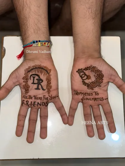 For the groom who is a big F.R.I.E.N.D.S fan! We incorporated the iconic quote "I'll be there for you" along with their initials. The other palm tells their story, "Tripmates to Soulmates," with interlocking rings. This is personalized groom henna at its best.