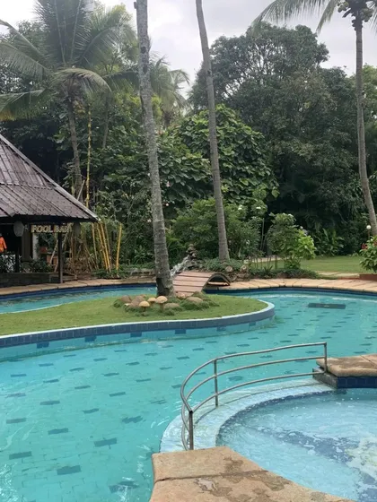 Another perspective of our beautiful pool area, showing the bridge and the surrounding palm trees. It's a refreshing oasis for guests of all ages.