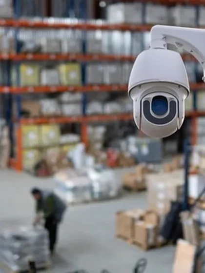 We provide robust surveillance solutions for large scale commercial and industrial facilities, such as this warehouse. A strategically placed Pan-Tilt-Zoom (PTZ) camera allows for active monitoring of inventory, employee activity, and loading docks to prevent loss and enhance operational oversight.