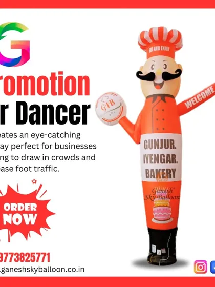 Our promotional graphic for a bakery air dancer, showing a cheerful chef character holding a ball and advertising the bakery's name.
