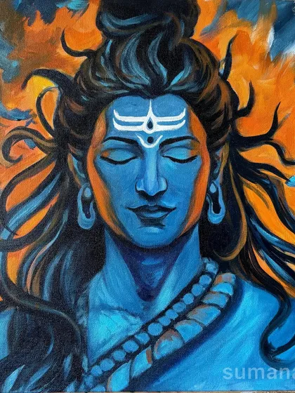 This painting, "Shiva - The Fire & The Ocean," is my attempt to capture the calm and fierce energy of Mahadev. Using bold blues and fiery oranges in acrylic, I wanted to show the dual nature of his cosmic power. This piece is available for purchase.