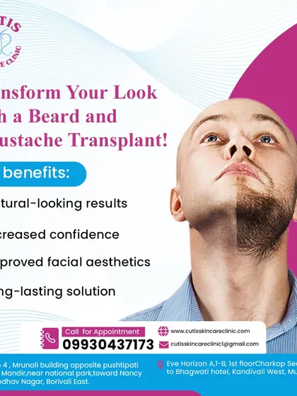 This split-view image showcases the transformative power of a beard and moustache transplant. One side shows a face with patchy, sparse facial hair, while the other reveals a full, dense, and well-defined beard, highlighting the natural-looking results we achieve.