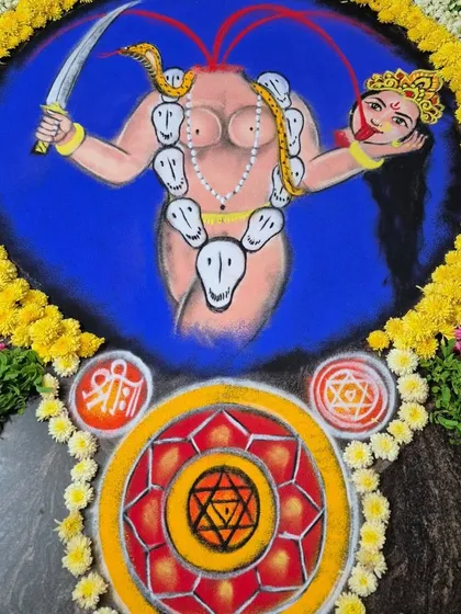 The powerful mandala of Goddess Chhinnamasta, created for a Shatru Samhara Pooja. This is a highly specific and potent ritual performed to overcome significant obstacles and protect against negative forces.