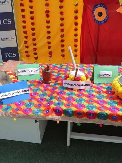 A closer look at our Baisakhi activity station. Children get to see and touch items related to the harvest, like a grinding stone and sieving tools, connecting them to our agricultural heritage.