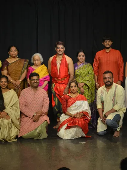 The talented artists and crew who made the "AshtaRaagaMaalika Varna" performance series a grand success, posing for a group photo on our stage.