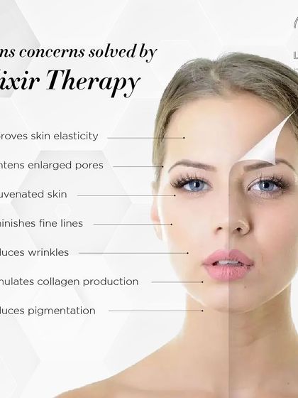 This graphic lists the many skin concerns that a single session of Elixir Therapy can solve. It improves elasticity, tightens pores, reduces wrinkles, stimulates collagen, and diminishes pigmentation.