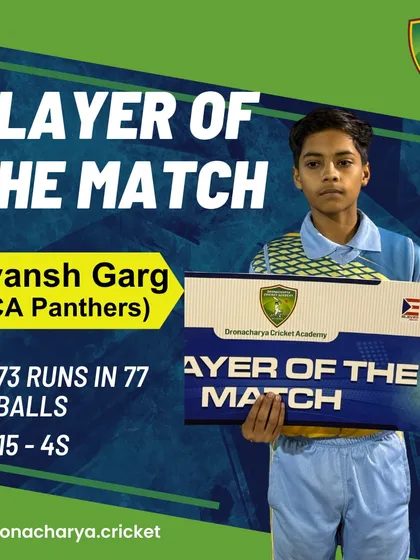 Shivansh Garg of DCA Panthers proudly displays his Player of the Match award for his match-winning 73 runs.
