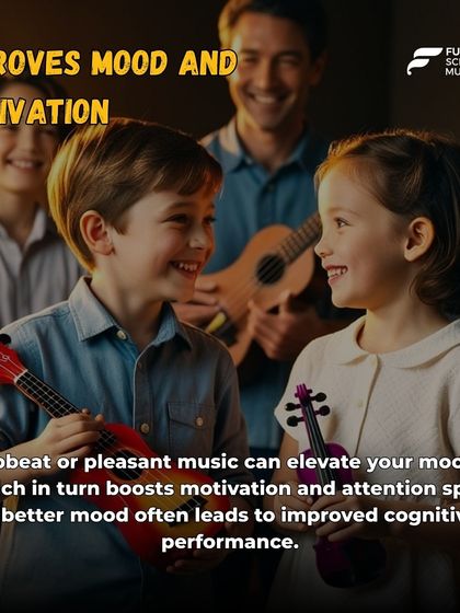 Upbeat music can elevate mood and boost motivation. This image of two children smiling with their ukuleles illustrates the joy and positive cognitive performance that music brings.