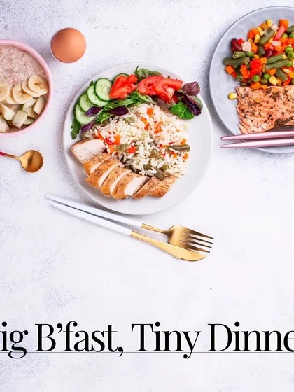 Tip #3 for managing PCOS: Eat a big breakfast and a tiny dinner. Fueling your day with a balanced breakfast and having a lighter dinner provides sustainable energy and helps manage insulin levels.