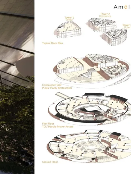 These are the floor plans for our 'Crown Jewel of Detroit' concept. The diagrams show the complex geometry and the flow between the public concourse, people mover access, and the typical residential and hotel floors above.