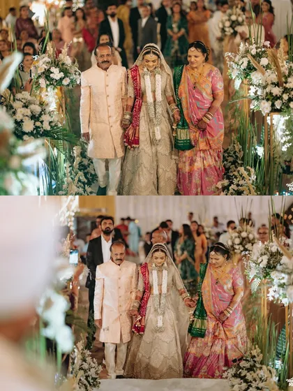 The bride's emotional walk down the aisle with her parents, a poignant and beautiful moment before the ceremony begins.