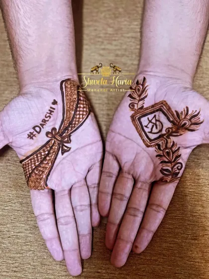 Grooms deserve beautiful henna too. I create elegant and masculine designs, like this one featuring the bride's name and the couple's initials in a stylish, minimal pattern that is both meaningful and sophisticated.