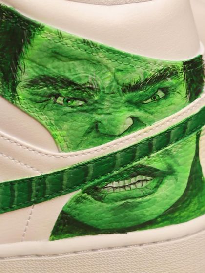 The back of the Hulk Jordans, showing a hyper-realistic portrait of the Hulk's face. Capturing that intense emotion and detail on leather is a challenge I always enjoy.