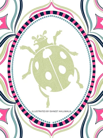 A close-up of the quirky ladybug tile from my 'Tropical Tapestry' collection. The combination of the simple insect silhouette with the ornate frame creates a whimsical yet sophisticated look.
