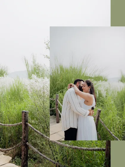 An artistic composition of a couple embracing in a field of white kans grass, creating a soft and dreamy atmosphere.