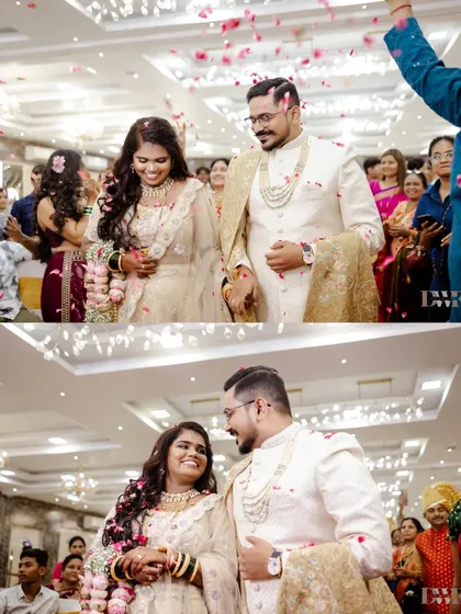 A collage of the couple's joyful exit from their wedding ceremony, showered with flower petals by their loved ones.