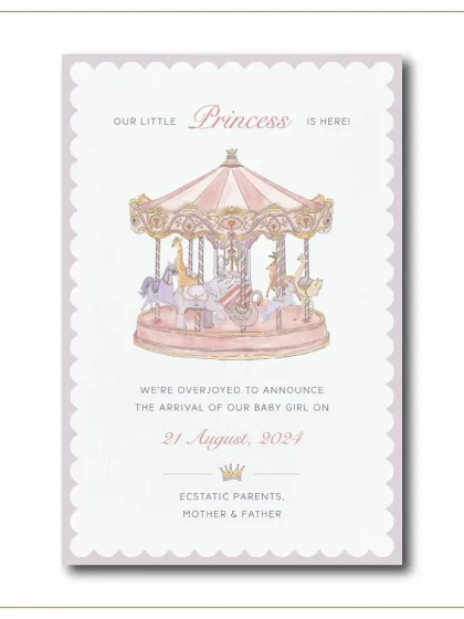 To announce the arrival of a little princess, we designed this whimsical birth announcement card. The centerpiece is a custom-illustrated carousel in soft pastel watercolors, complete with charming animals, creating a cherished memento for the family.