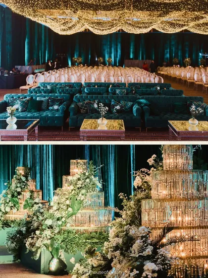 A split view of the emerald lounge seating and the towering crystal cake installation, showcasing two key elements of a dramatic and opulent evening celebration.