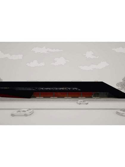 An elevation render showing the long, low profile of the sports center as seen from the main road. The design presents a sleek and modern face to the city.