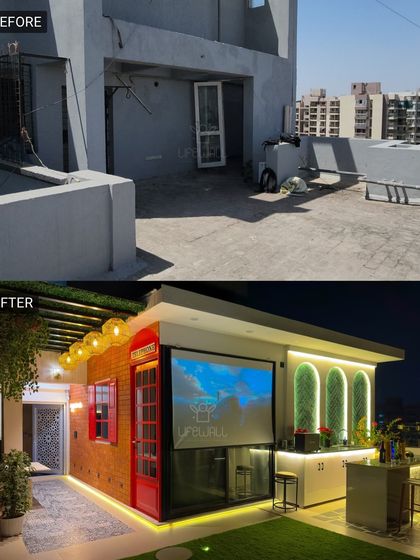A forgotten corner is now the main attraction. We built a custom porta cabin with a projector screen for movie nights and a stylish bar, turning this space into a unique indoor-outdoor entertainment zone.