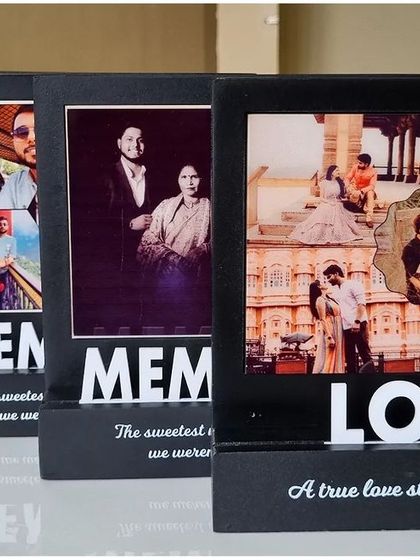 I offer these tabletop frames in both 'Love' and 'Memories' themes. This image shows a lineup of different custom orders, each telling a unique story through a photo collage.