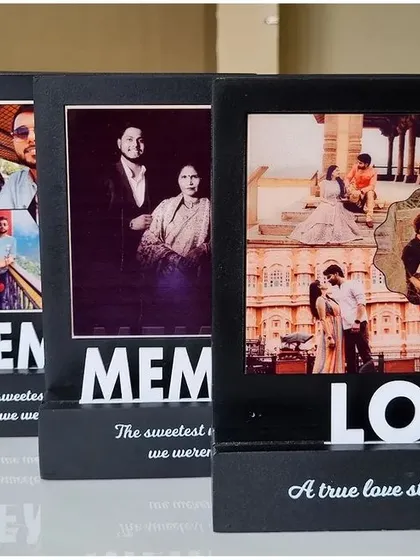 A lineup of my wooden tabletop frames, available in both "Love" and "Memories" themes to suit any occasion.