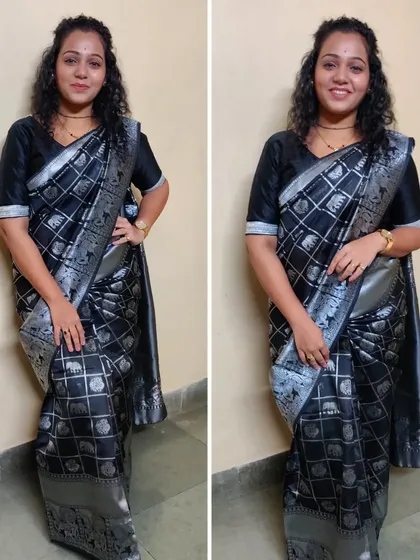 The Basic Saree drape, also known as the Ulta Pallu, is a timeless classic. Here it is on a beautiful black and silver silk saree, showcasing a modern yet elegant look suitable for any event.