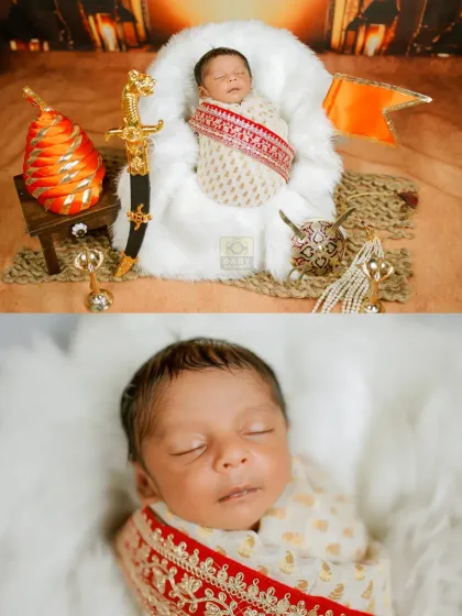 The legacy of a king begins here. This Bal Shivaji newborn shoot features a tiny warrior wrapped in royal cloth, complete with a miniature sword and shield.