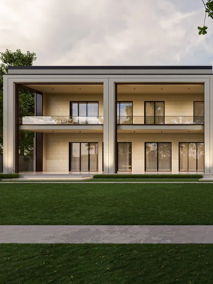 This upcoming farmhouse design is rooted in contemporary minimalism. The facade features a striking central mass with a partially concealed spiral staircase, flanked by two symmetrical wings with expansive balconies.