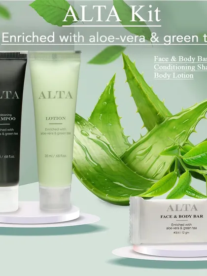 We create informative graphics for beauty products, combining a shot of the full skincare kit with text overlays that list the key ingredients and items included.