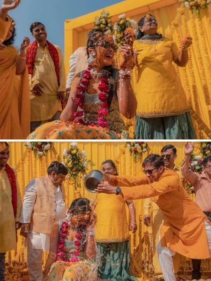 A collage showing the bride's side of the Haldi fun, with guests laughing as they douse her with water and turmeric.